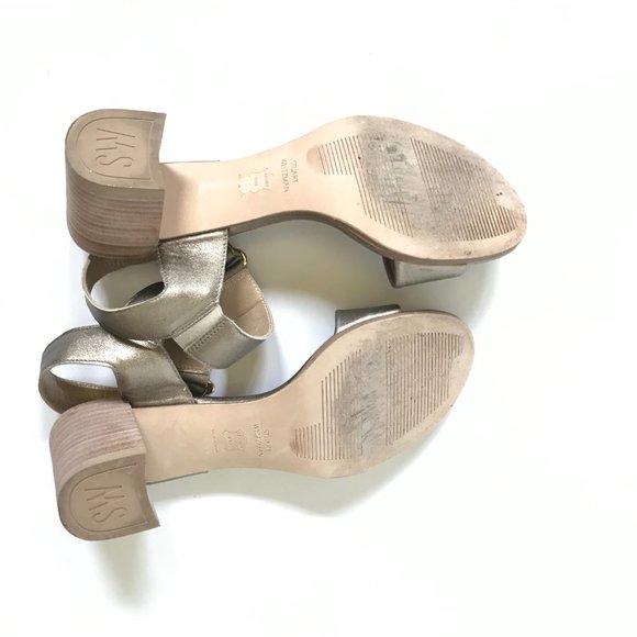 Stuart Weitzman Sandals Womens 6.5 Metallic Pewter Gold Leather Open Toe Shoes - Picture 10 of 13